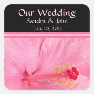 Pink Hibiskus Blossom Hochzeitskleber Quadratischer Aufkleber