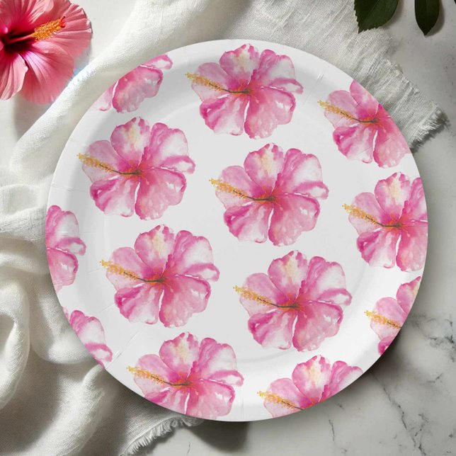 Pink Hibiskus Blume Musterpapiere Teller (Hawaiian theme party accessories features hibiscus flower paper plates)