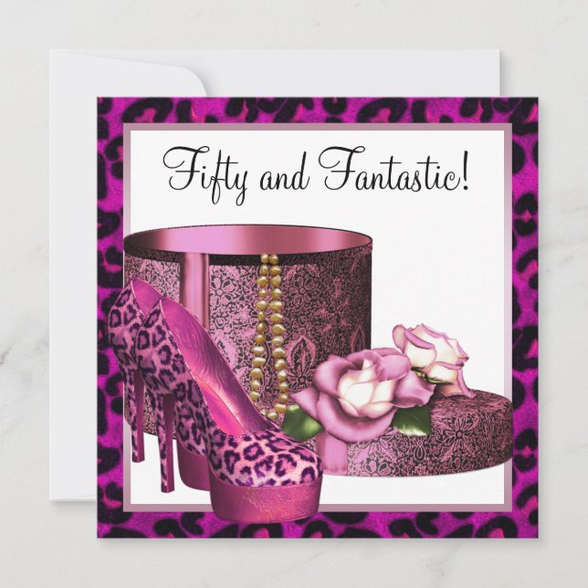 Pink High Heel Schuhe Frauen Leopard 50. Geburtsta Einladung (Vorderseite)