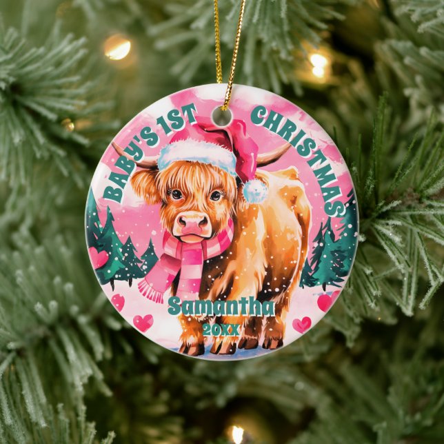 Pink Highland Cow Baby 1. Weihnachtsfest Foto Keramik Ornament (Baum)