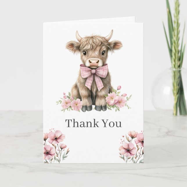 Pink Highland Cow Danke Karte (Vorderseite)