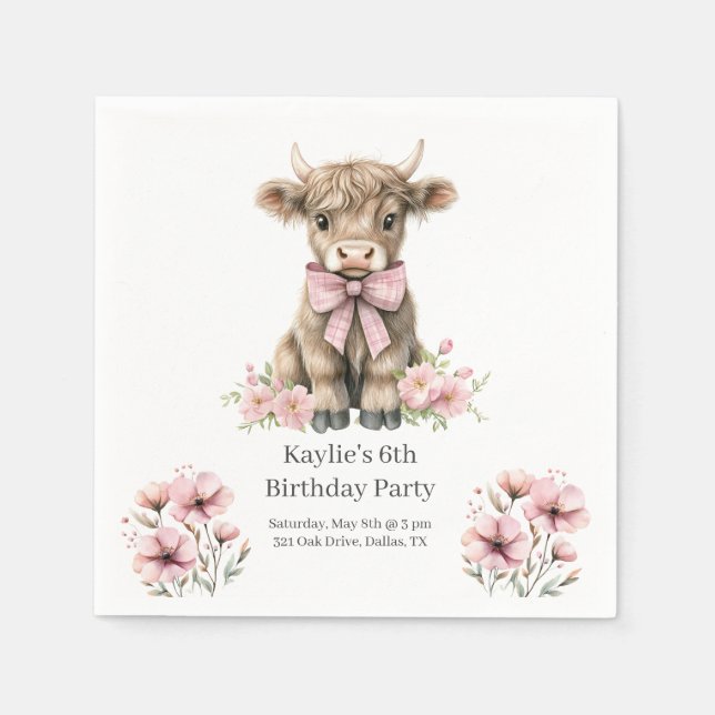 Pink Highland Cow Geburtstagspartei Serviette (Vorderseite)