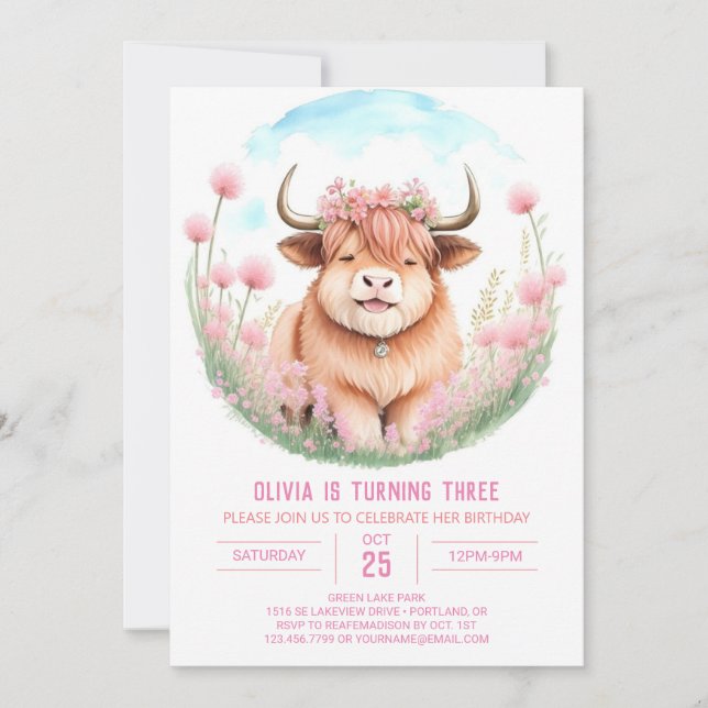 Pink Highland Cow Girl's Birthday Einladung (Vorderseite)