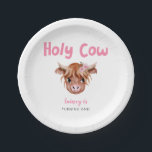 Pink Highland Cow Girl's Birthday Party Pappteller<br><div class="desc">Niedliche Kuh Thema Mädchen Geburtstagsparty Papier Platte mit Aquarellbild einer Hochlandkuh mit rosa Blume. Im Text steht "heilige Kuh".</div>
