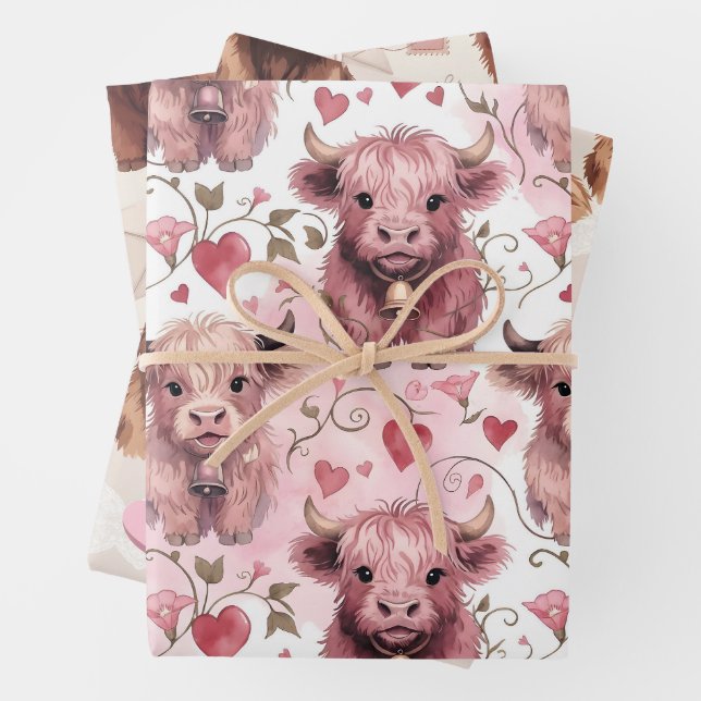 Pink Highland Cow Valentine Hearts Geschenkpapier Set (Beispiel)