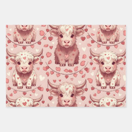 Pink Highland Cow Valentine Hearts Roses Geschenkpapier Set