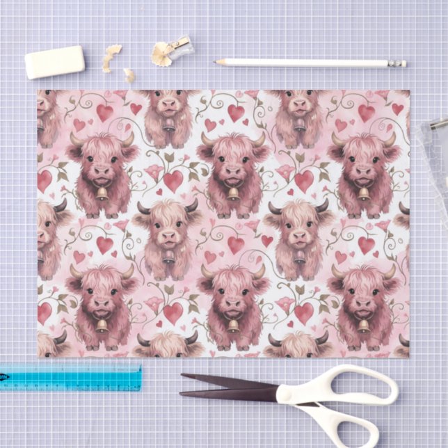 Pink Highland Cow Valentine Hearts Seidenpapier (Handwerk)