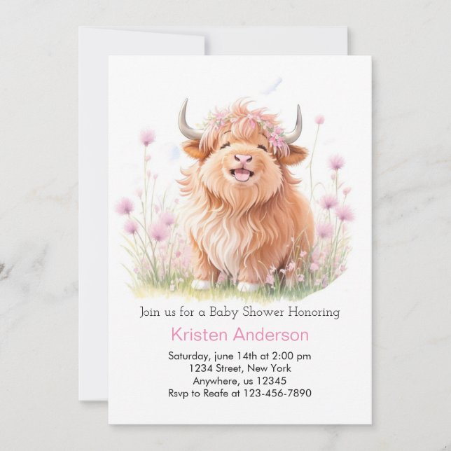 Pink Highland Cow Wildblume Girl Baby Dusche Einladung (Vorderseite)