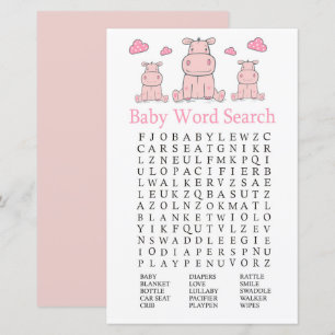 Pink Hippo Baby Dusche Word Search Game