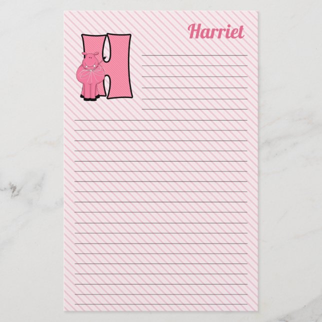 Pink Hippo Mongrammatier Letter H Lined Briefpapier (Vorderseite)