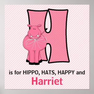 Pink Hippo Monogrammed Letter H Baby Room Poster