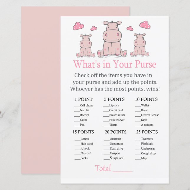 Pink Hippo Was ist in deinem Geldbeutel-Spiel? (Vorne/Hinten)