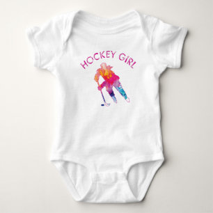 Pink Hockey Girl Watercolor Baby Bodysuit Strampler