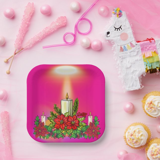 Pink Holiday Candle Paper Plate Pappteller (Party)