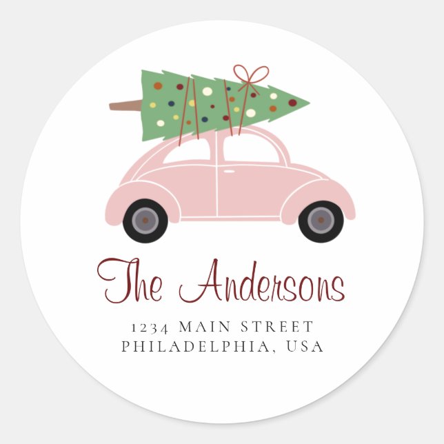 Pink Holiday Car mit Weihnachtsbaumadresse Runder Aufkleber (Vorderseite)