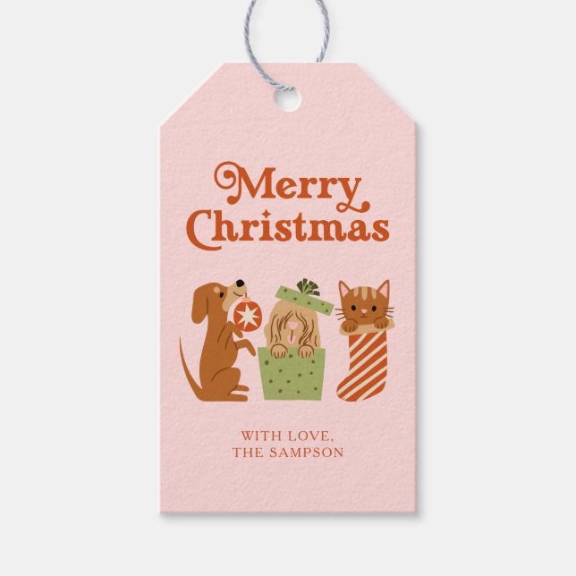 Pink Holiday Cat Dog Frohe Weihnachten Geschenkanhänger (Vorderseite)