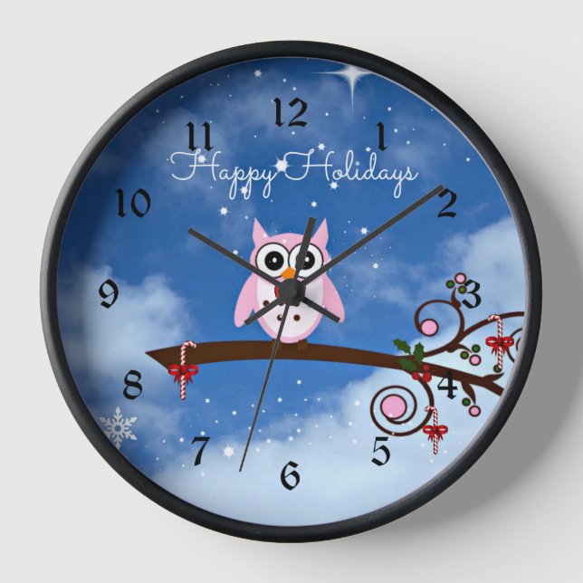 Pink Holiday Owl Uhr (Vorderseite)
