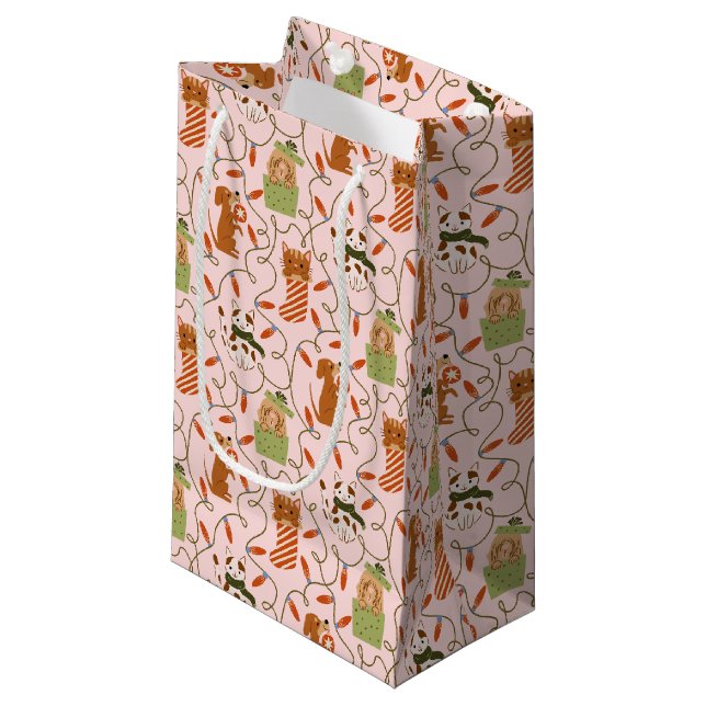 Pink Holiday Pets Muster Kleine Geschenktüte (Vorderseite Schrägansicht)