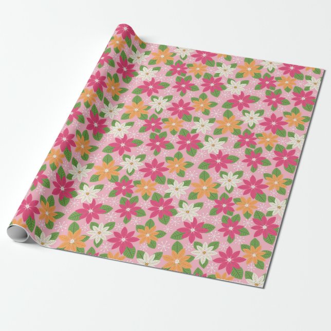 Pink Holiday Poinsettias Retro Style Geschenkrake Geschenkpapier (Ungerollt)