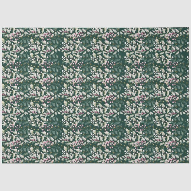 Pink Holly Berries and Folies on Dark Green Seidenpapier (Vorderseite)