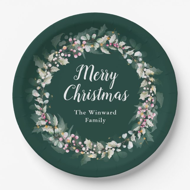 Pink Holly Wreath Frohe Weihnachten Pappteller (Vorderseite)
