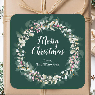 Pink Holly Wreath Frohe Weihnachten Quadratischer Aufkleber