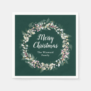 Pink Holly Wreath Frohe Weihnachten Serviette