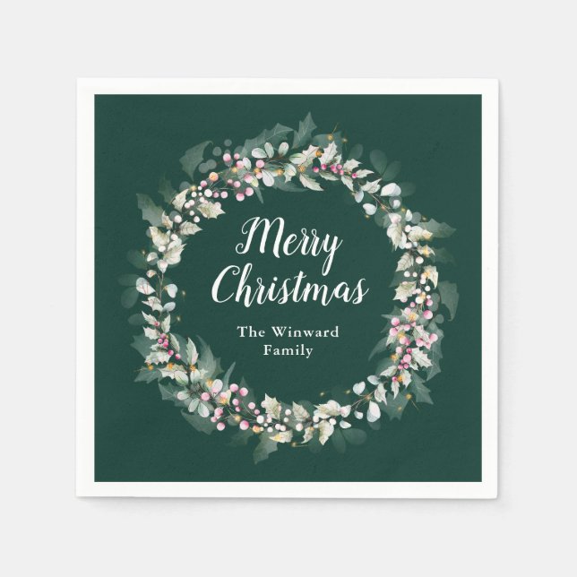 Pink Holly Wreath Frohe Weihnachten Serviette (Vorderseite)