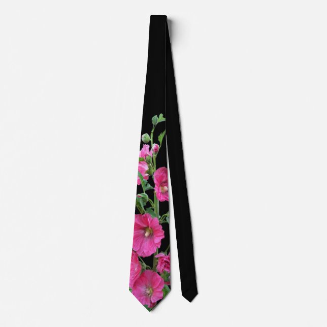 Pink Hollyhocks auf schwarz Krawatte (Vorderseite)