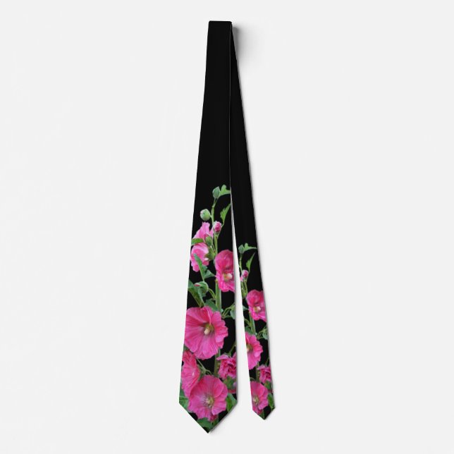 Pink Hollyhocks auf schwarz Krawatte (Vorderseite)