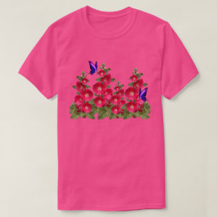 Pink Hollyhocks Butterfly Komfortable Baumwolle T- T-Shirt