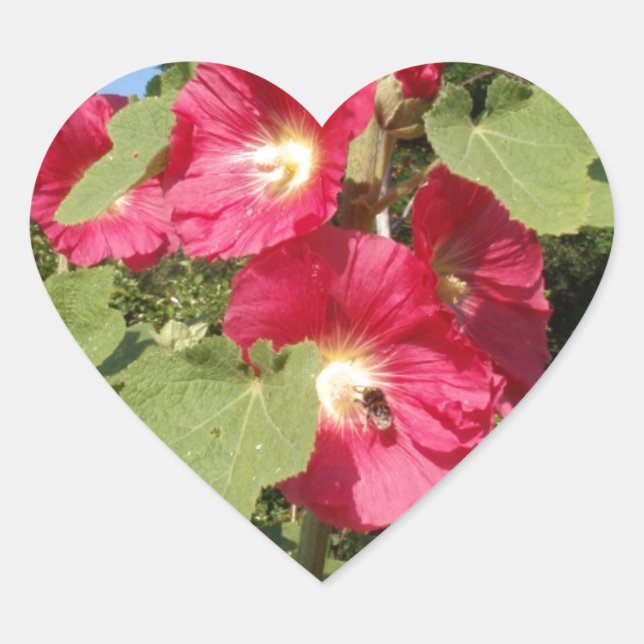Pink Hollyhocks Herz-Aufkleber (Vorderseite)