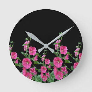 Pink Hollyhocks on Black Runde Wanduhr
