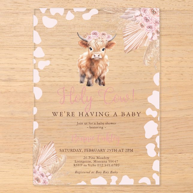 Pink Holy Cow Boho Dried Flower Baby Shower Acryleinladungen (Vorderseite)