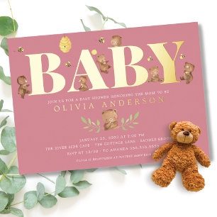 Pink Honey Bear Baby Dusche Folieneinladung