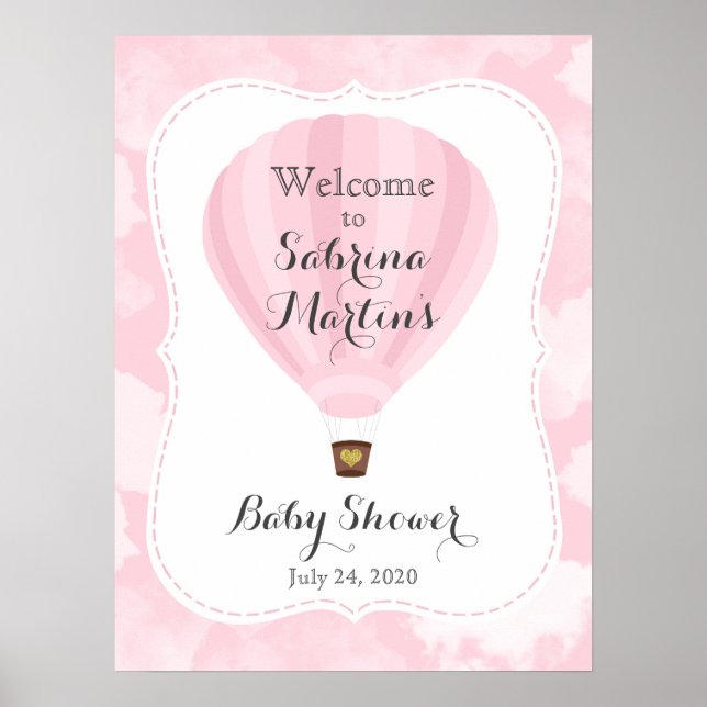 Pink Hot Air Ballon Babydusche Begrüßungszeichen Poster (Vorne)