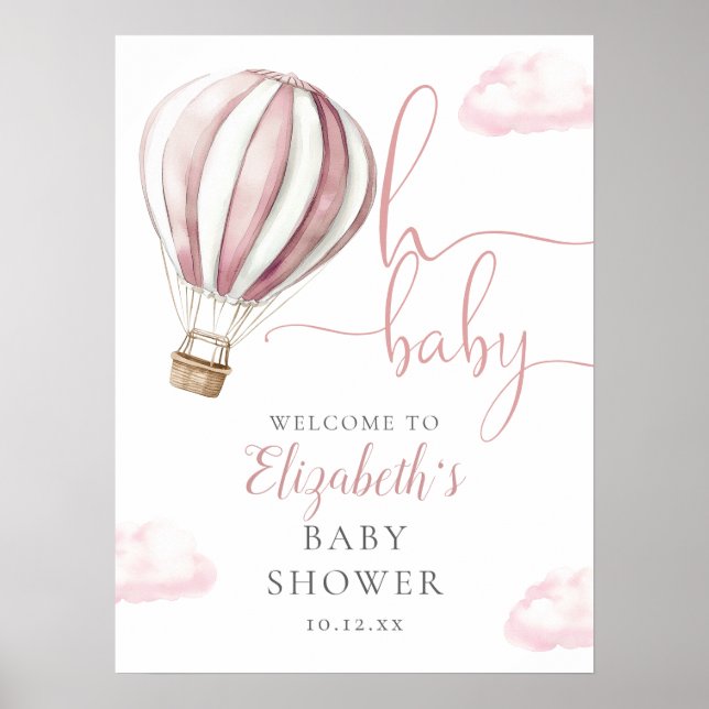 Pink Hot Air Ballon Babydusche Begrüßungszeichen Poster (Vorne)