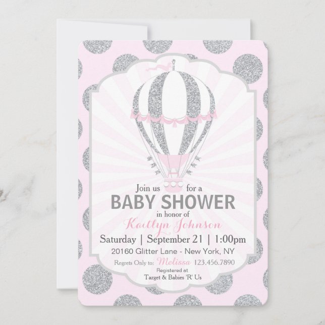 Pink Hot Air Ballon Babydusche Einladung (Vorderseite)