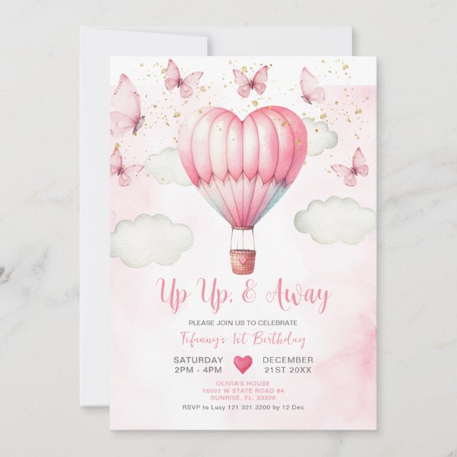 Pink Hot Air Ballon Babydusche Einladung (Vorderseite)
