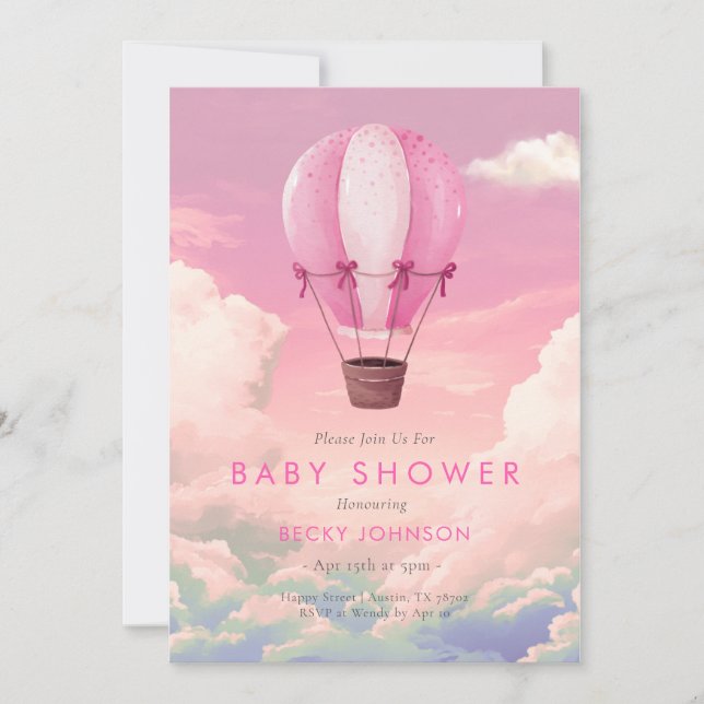 Pink Hot Air Ballon Babydusche Einladung (Vorderseite)