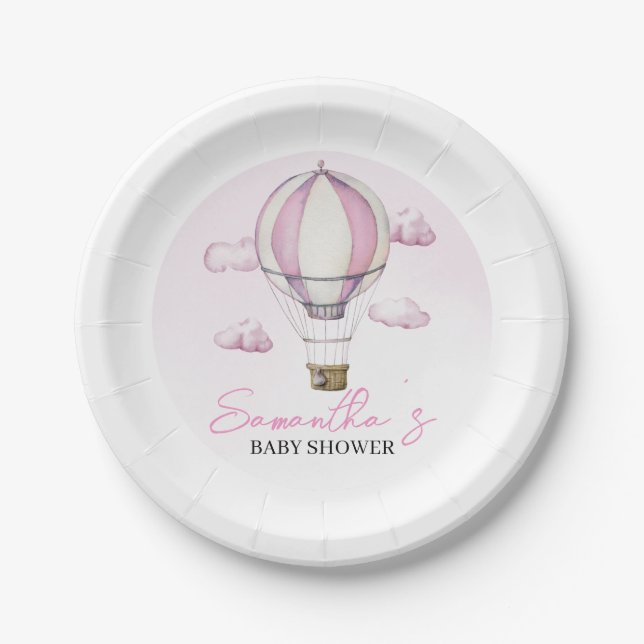Pink Hot Air Ballon Babydusche Papierplatte Pappteller (Vorderseite)