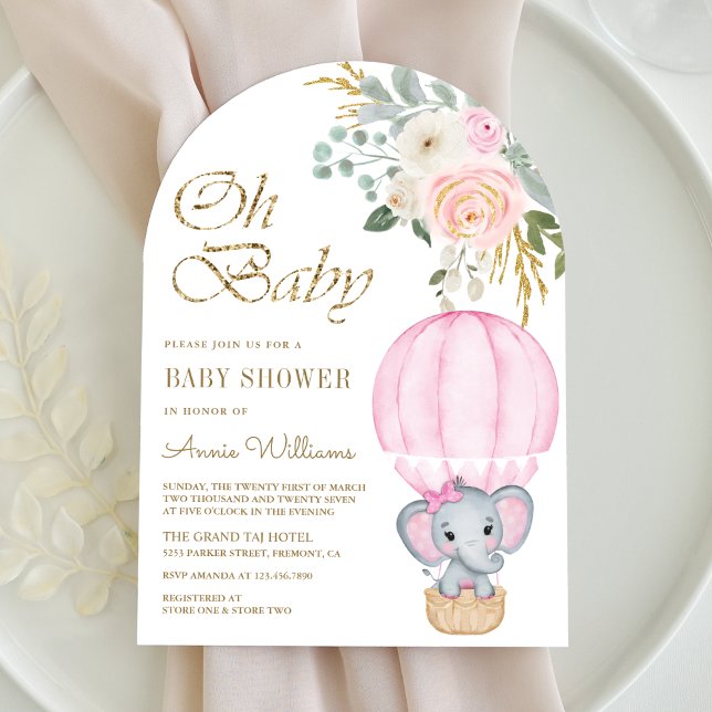 Pink Hot Air Ballon Elephant Arch Baby Dusche Einladung (Von Creator hochgeladen)
