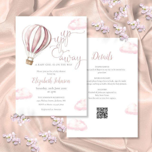 Pink Hot Air Ballon Girl All in one Baby dusche I Einladung (Pink Hot Air Balloon Girl All In One Baby Shower I Invitation)