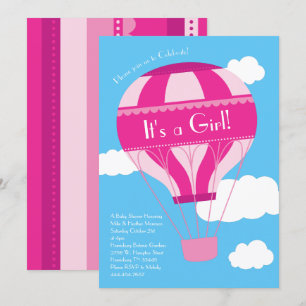 Pink Hot Air Ballon Girl Babydusche Vintag Einladung