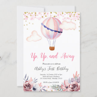 Pink Hot Air Ballon Girl Birthday Einladung