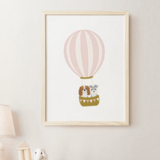 Pink Hot Air Ballon mit Hunde Kinderzimmer Poster