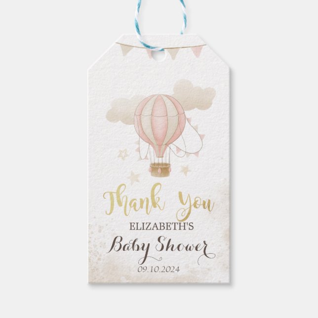 Pink Hot Air Ballon Wolken Babydusche Geschenkanhänger (Vorderseite)