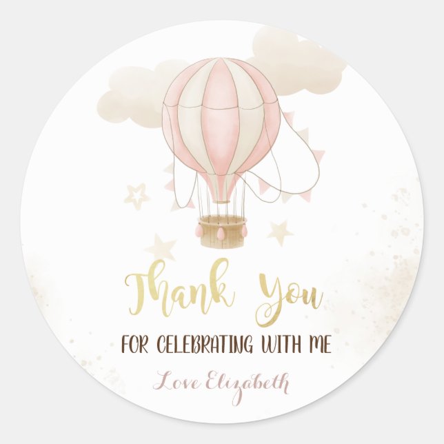 Pink Hot Air Ballon Wolken Babydusche Runder Aufkleber (Vorderseite)