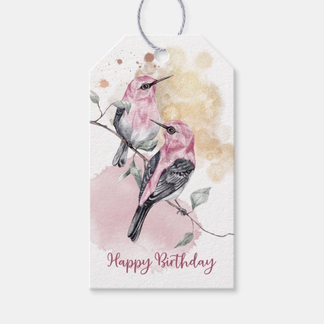 Pink Hummingbirds Happy Birthday Geschenkanhänger (Vorderseite)