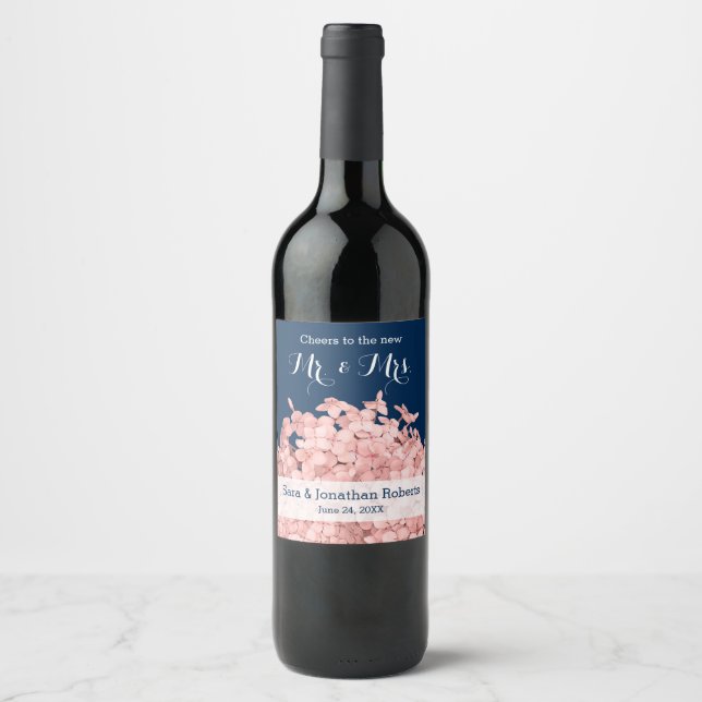Pink Hydrangea auf Personalisierter Hochzeit von N Weinetikett (Vorderseite)